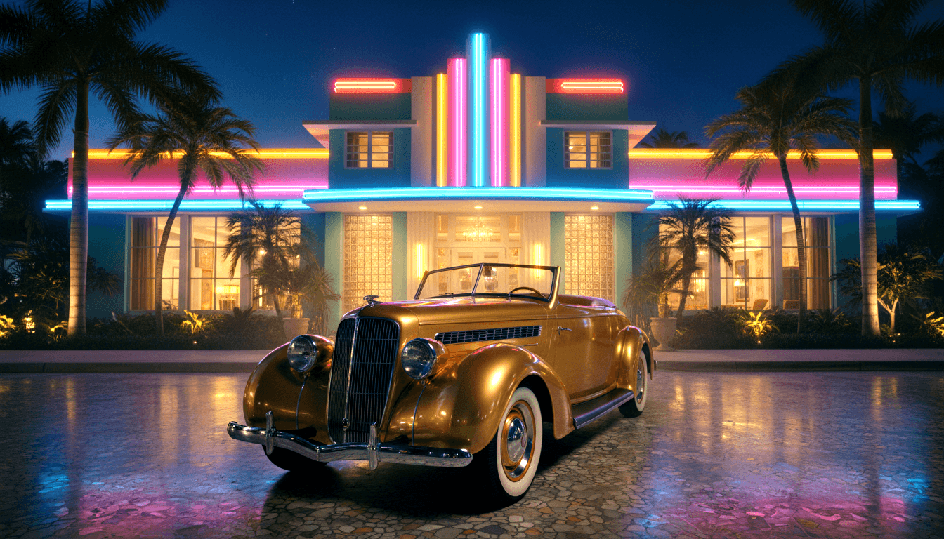 Gold vintage convertible with whitewall tires and chrome bumpers before a neon-lit Art Deco building flanked by palm trees at night.
