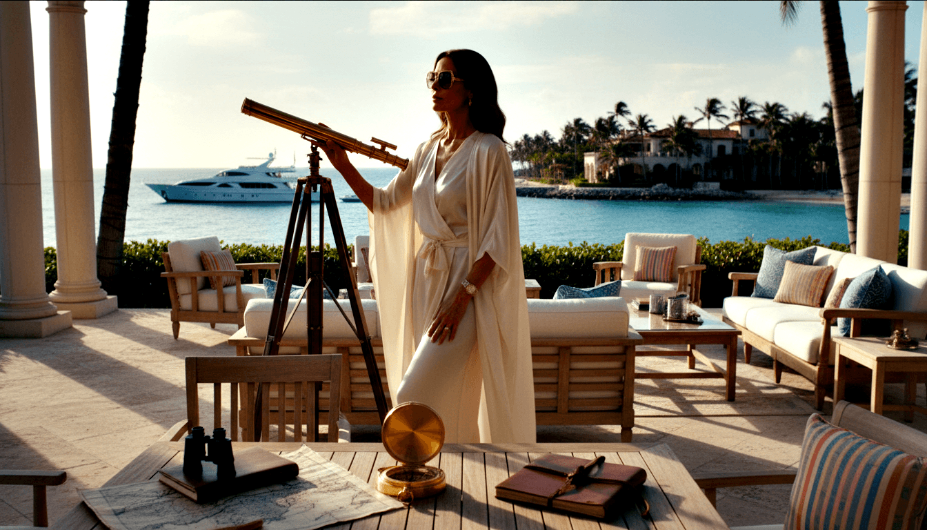 Woman in sunglasses and cream kaftan on stone terrace with brass telescope; palm trees, turquoise water, white yacht behind.