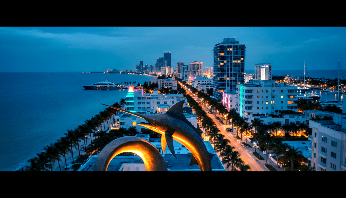 Bronze marlin sculpture leaping through a circular arch at blue-hour dusk, with a palm-lined boulevard and neon-lit Art Deco buildings behind.