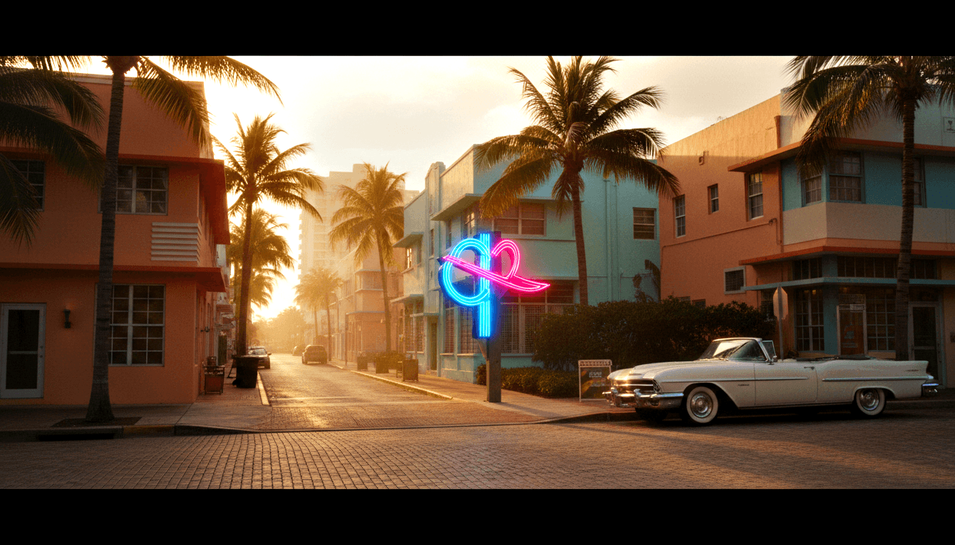 Cream 1950s convertible parked on amber brick street between pastel coral and aqua buildings with palm trees and neon signs at golden sunset.