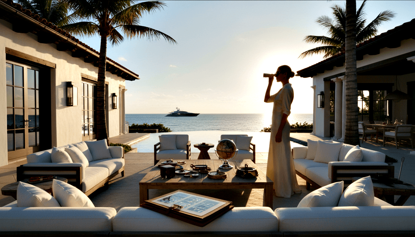 Silhouetted figure in hat on oceanfront villa terrace raising optical device toward a motor yacht under golden sky.