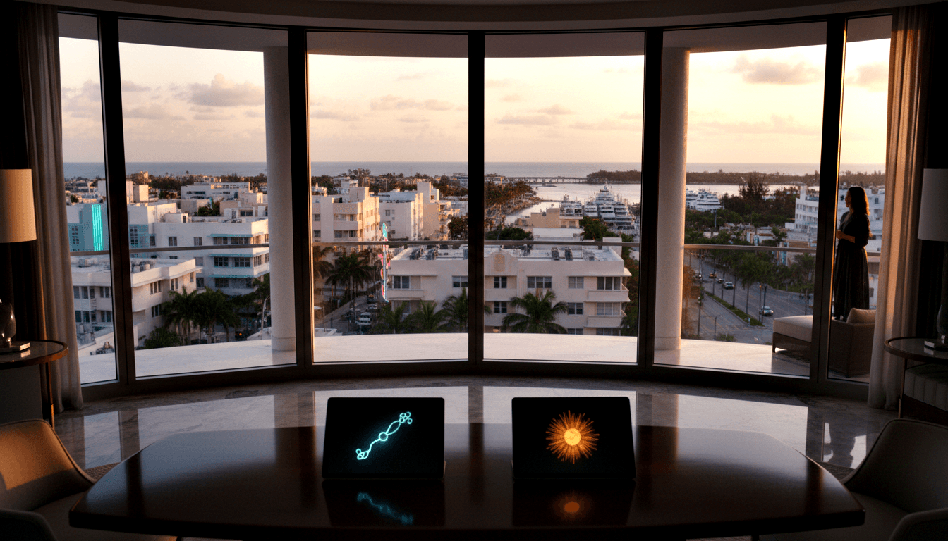 Curved dark wood table with two screens faces floor-to-ceiling windows overlooking a coastal sunset; woman silhouetted at right.