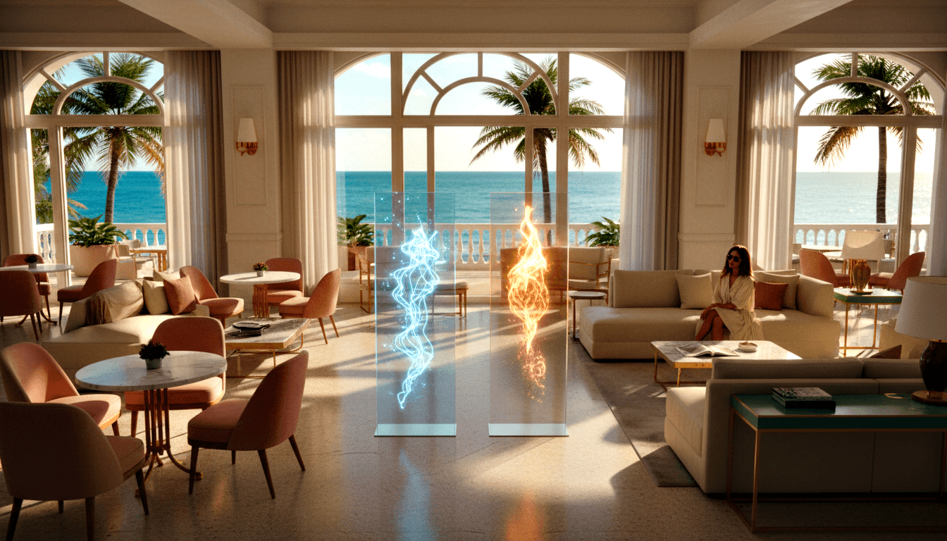 Symmetrical lounge with glowing blue helix and amber flame panels before arched ocean-view windows; woman in white robe on sofa.