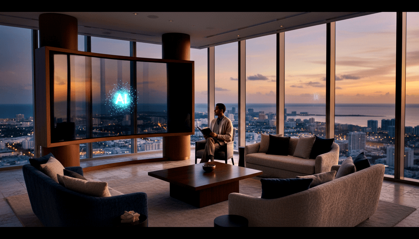 Man in cream attire reads in armchair; glowing cyan emblem on wooden frame; coastal cityscape at twilight through floor-to-ceiling windows.
