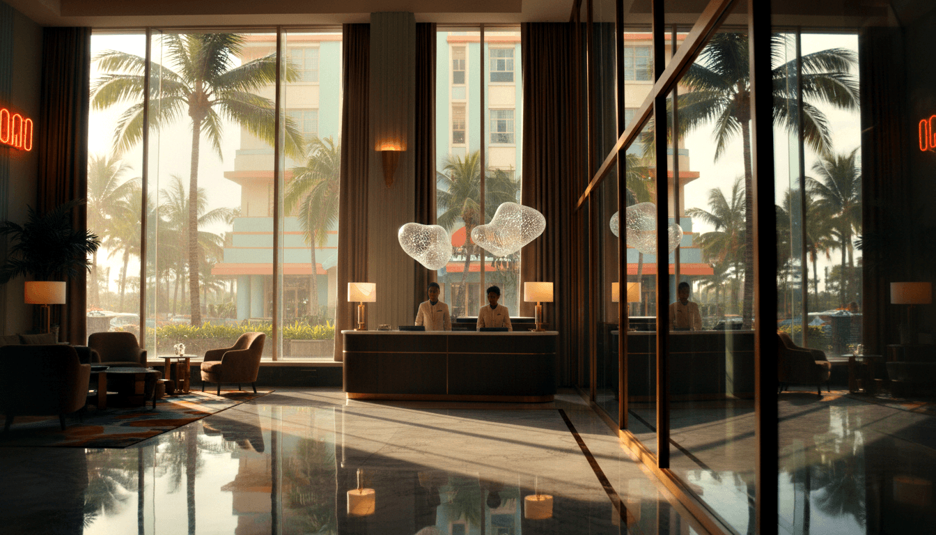 Hotel lobby through gold-framed glass: dark wood reception desk, two cream-uniformed staff, bubble pendant light, reflective floor.