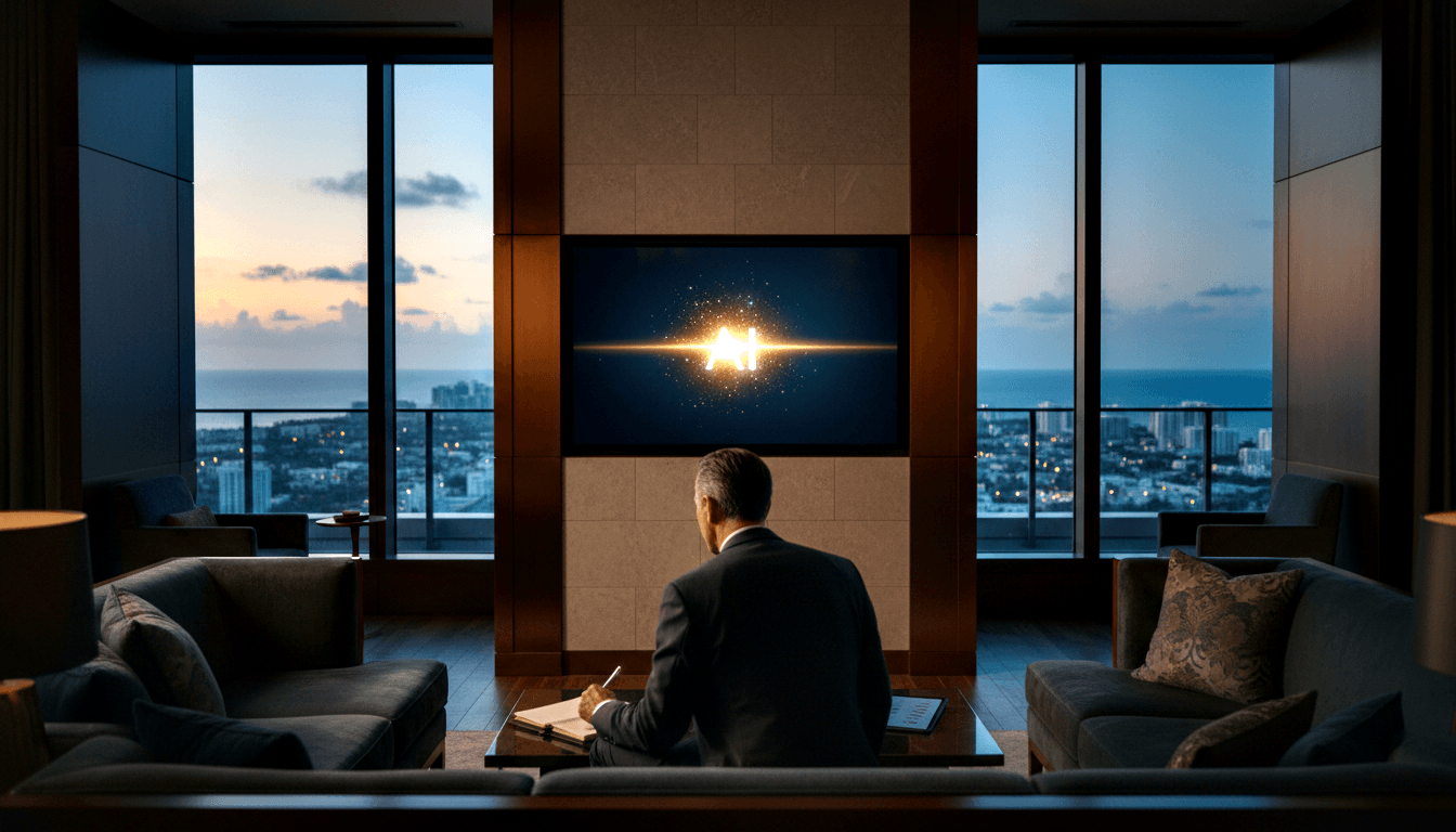 Person in dark suit sits at wooden table with notebook and tablet facing flatscreen with particle emblem; waterfront dusk cityscape visible.