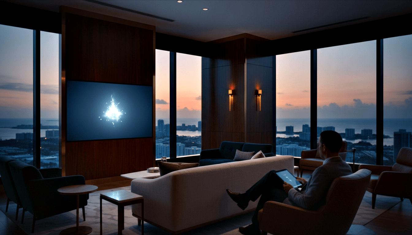 Man in gray blazer in leather armchair holds tablet, facing wall display with starburst; corner windows show twilight skyline over water.