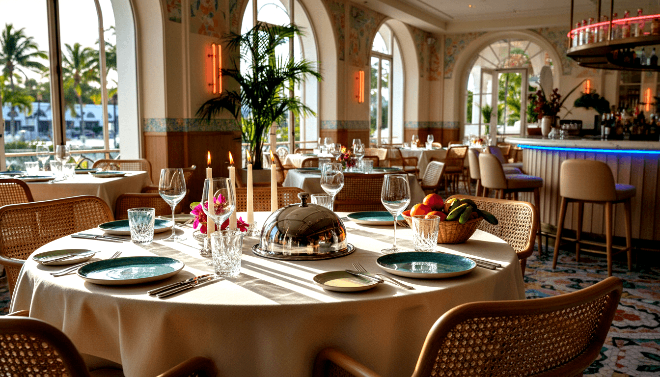 Round dining table with white linen, teal plates, crystal glassware, silver cloche, lit ivory tapers, and orchids; rattan chairs, arched windows.