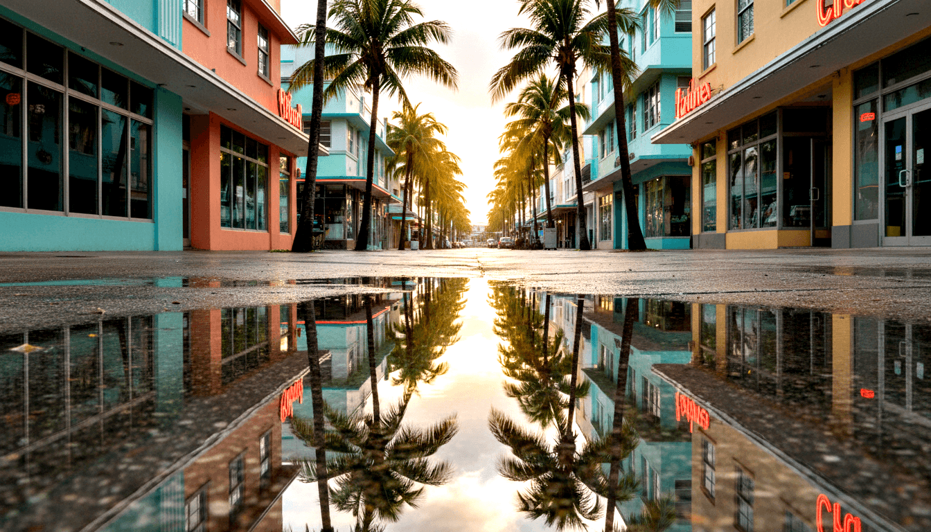 Deserted Art Deco street with turquoise and coral buildings, tall palm trees, and wet pavement reflecting the scene in near-perfect symmetry.