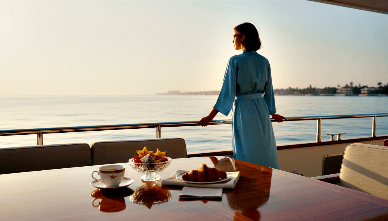Woman in light-blue robe at chrome yacht railings gazing at calm water, foreground table with teacup, star fruit, and croissant.