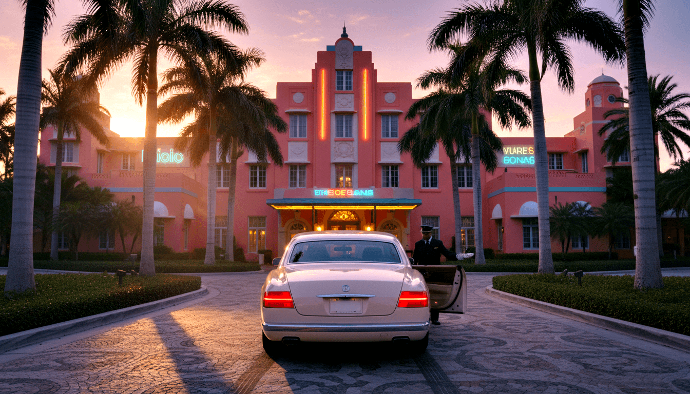 White sedan at coral-pink Art Deco hotel entrance on mosaic circular driveway, uniformed figure at open rear door, teal neon signage above.