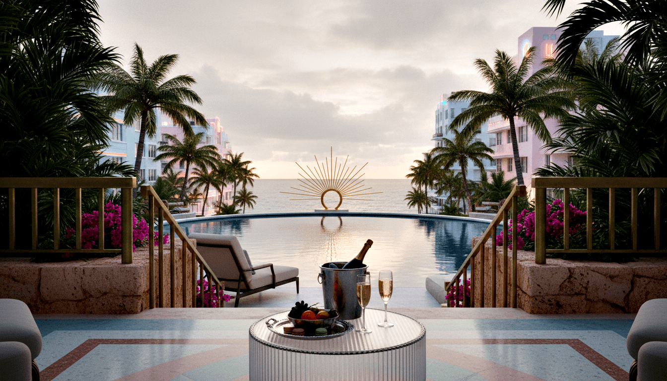 CGI poolside terrace with champagne, fruit, and macarons on a fluted table; infinity pool leads to gold starburst sculpture, ocean beyond.