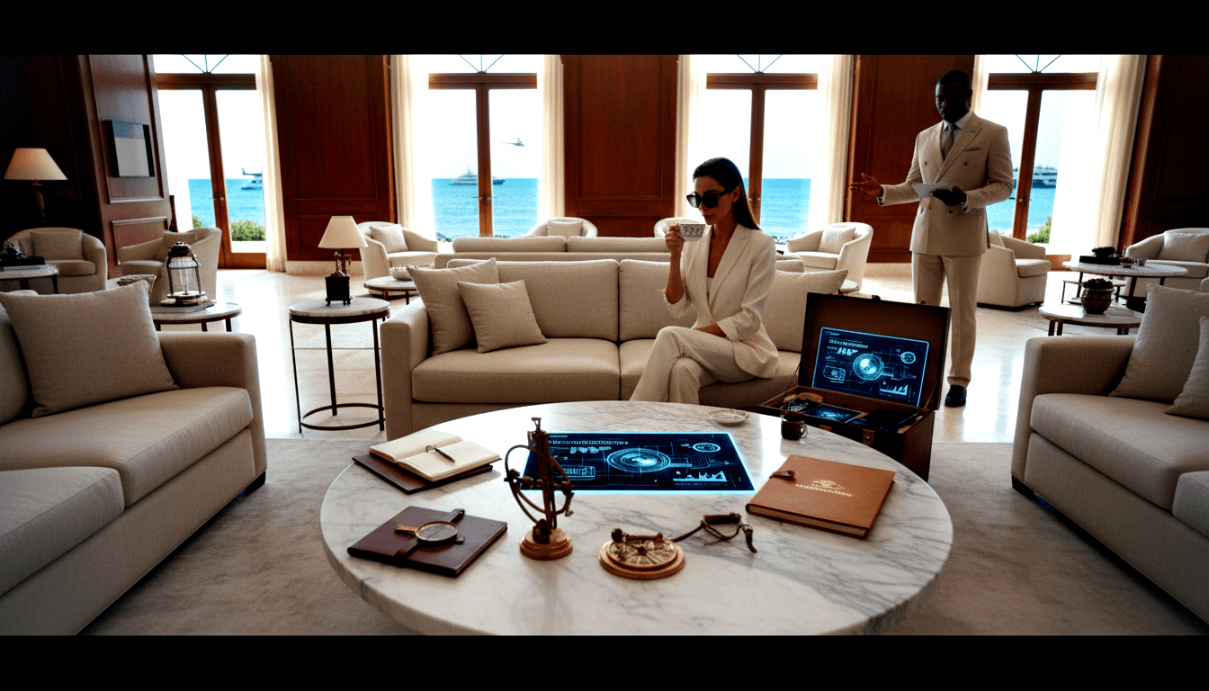 Ocean-view lounge, cream furniture; woman in white pantsuit sits with cup; man in cream suit stands; marble table has holographic display.