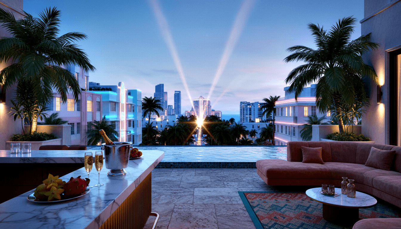 CGI rooftop terrace at dusk with infinity pool facing lit urban skyline, marble bar with champagne, and curved rose sectional sofa.