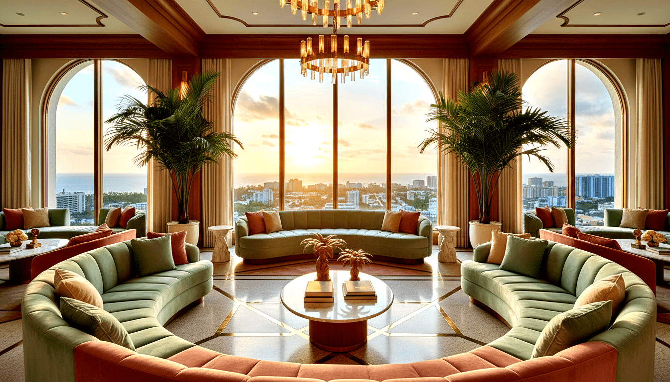 Symmetrical CGI lounge: sage green tufted sofas, terracotta coffee table, palms, arched windows, amber chandelier.