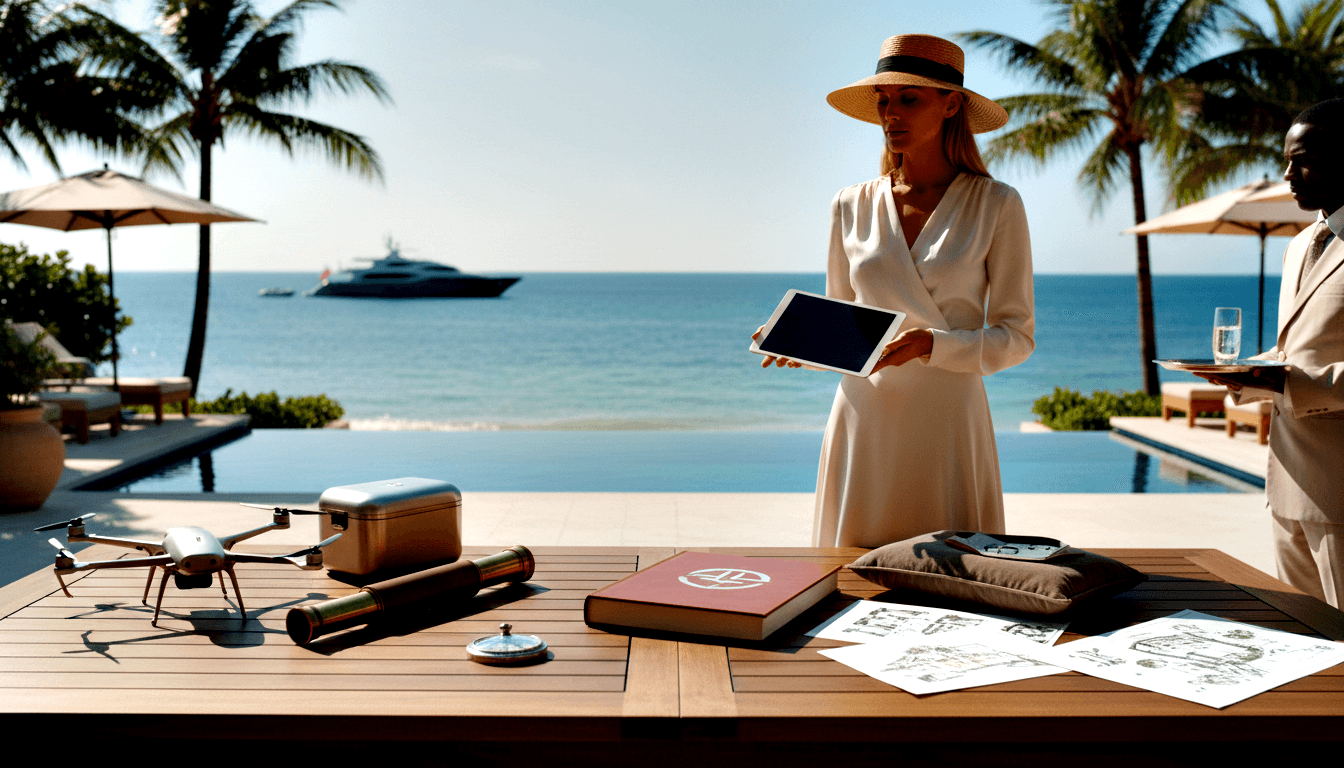 Woman in white dress and straw hat holds tablet at table with drone, case, compass, maps; man in cream suit holds tray nearby.