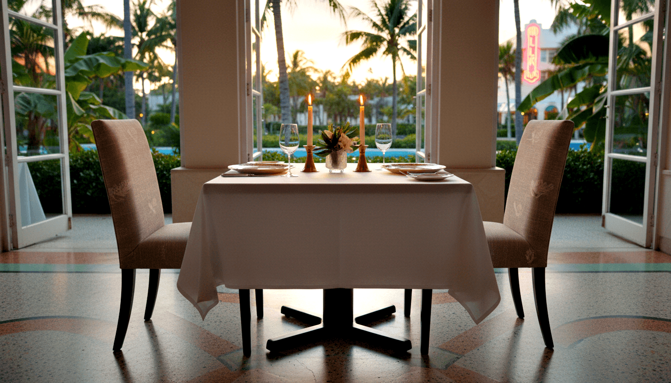 Formal table for two, white tablecloth, brass candles, wine glasses; French doors open to tropical garden, palms, pool at golden hour.