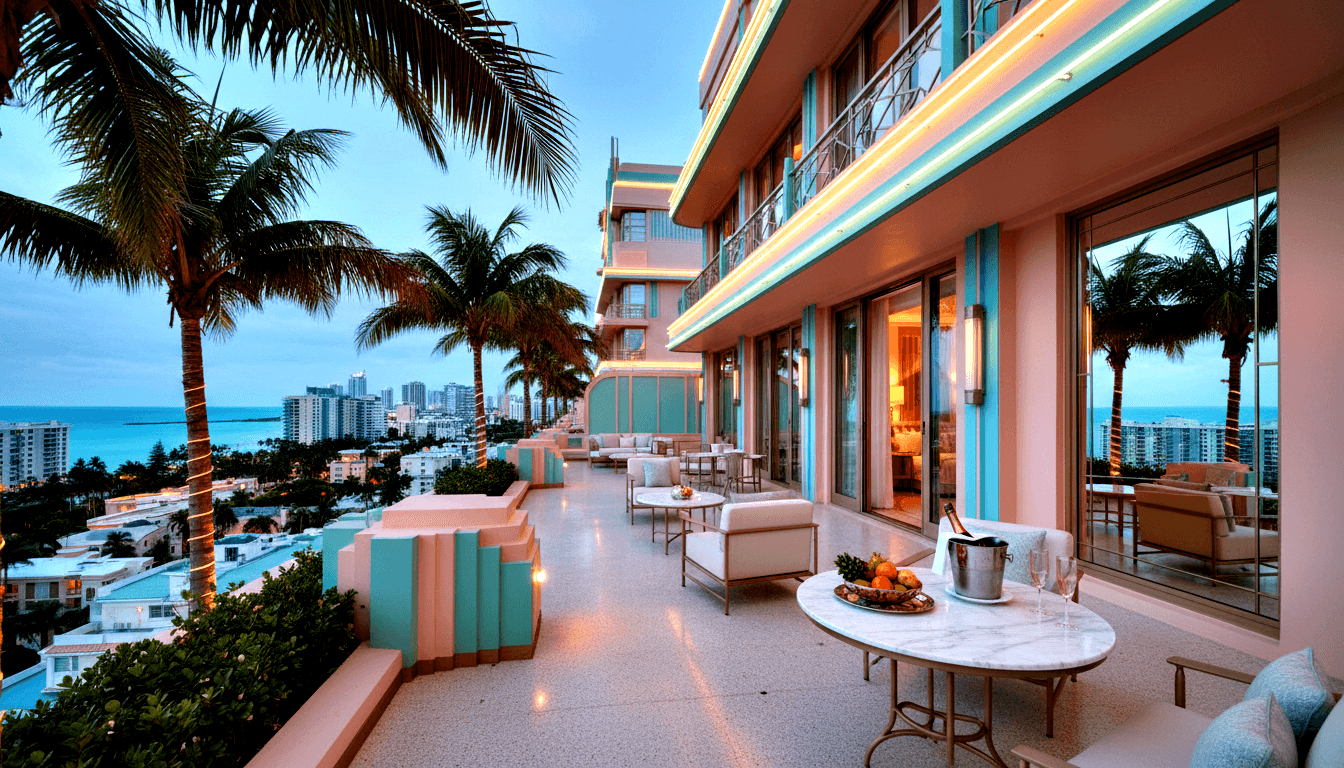 Art Deco terrace at dusk: coral-pink and teal facades, neon lighting, white lounge chairs, marble table with champagne and fruit platter.