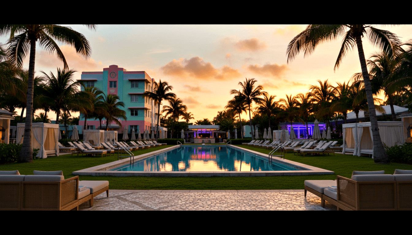 Rectangular pool leading to an Art Deco teal-and-coral building at dusk, lined with lounge chairs and white cabana curtains.