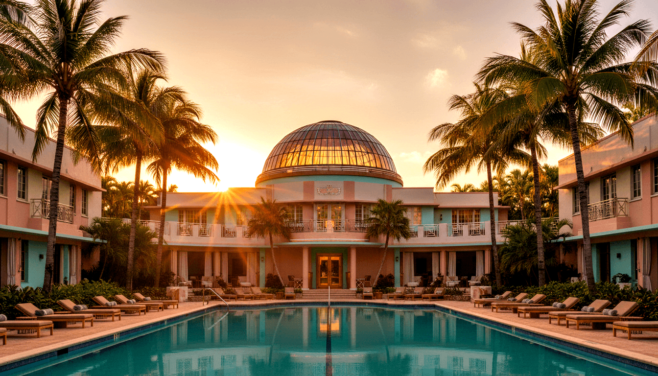Resort courtyard at golden hour: pool, loungers, coral-pink wings, Art Deco dome with sun starburst flare.