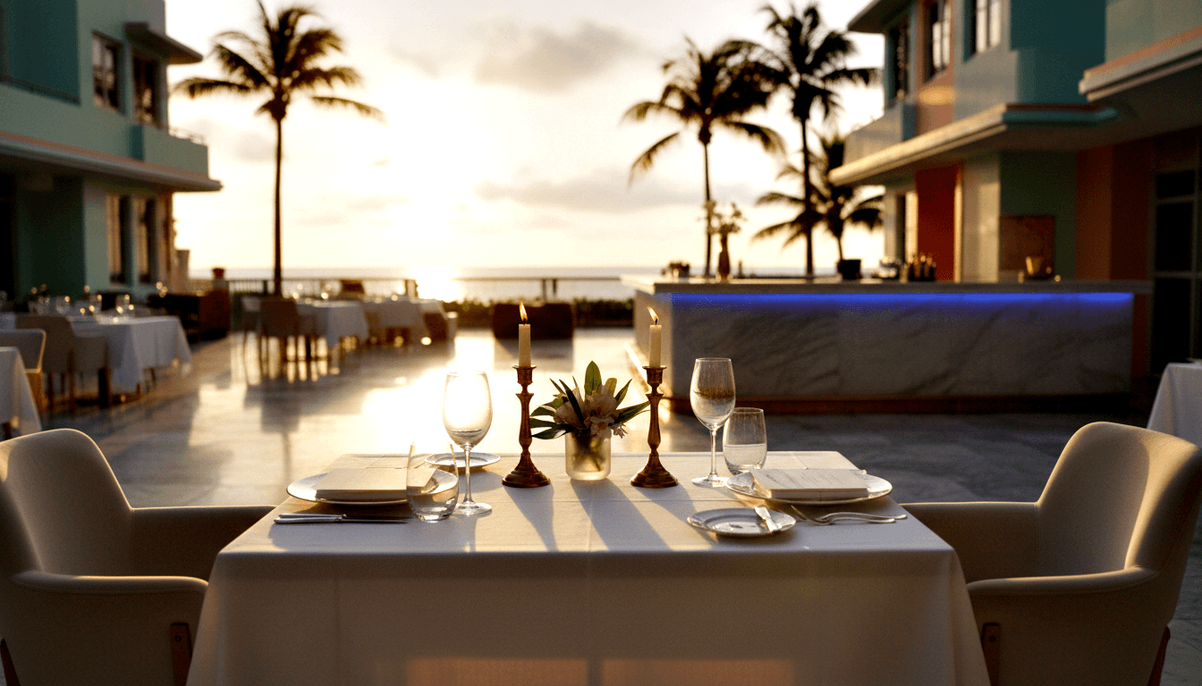 Formally set table for two on an open-air terrace at dusk, with candles, wine glasses, and a tropical floral centerpiece.