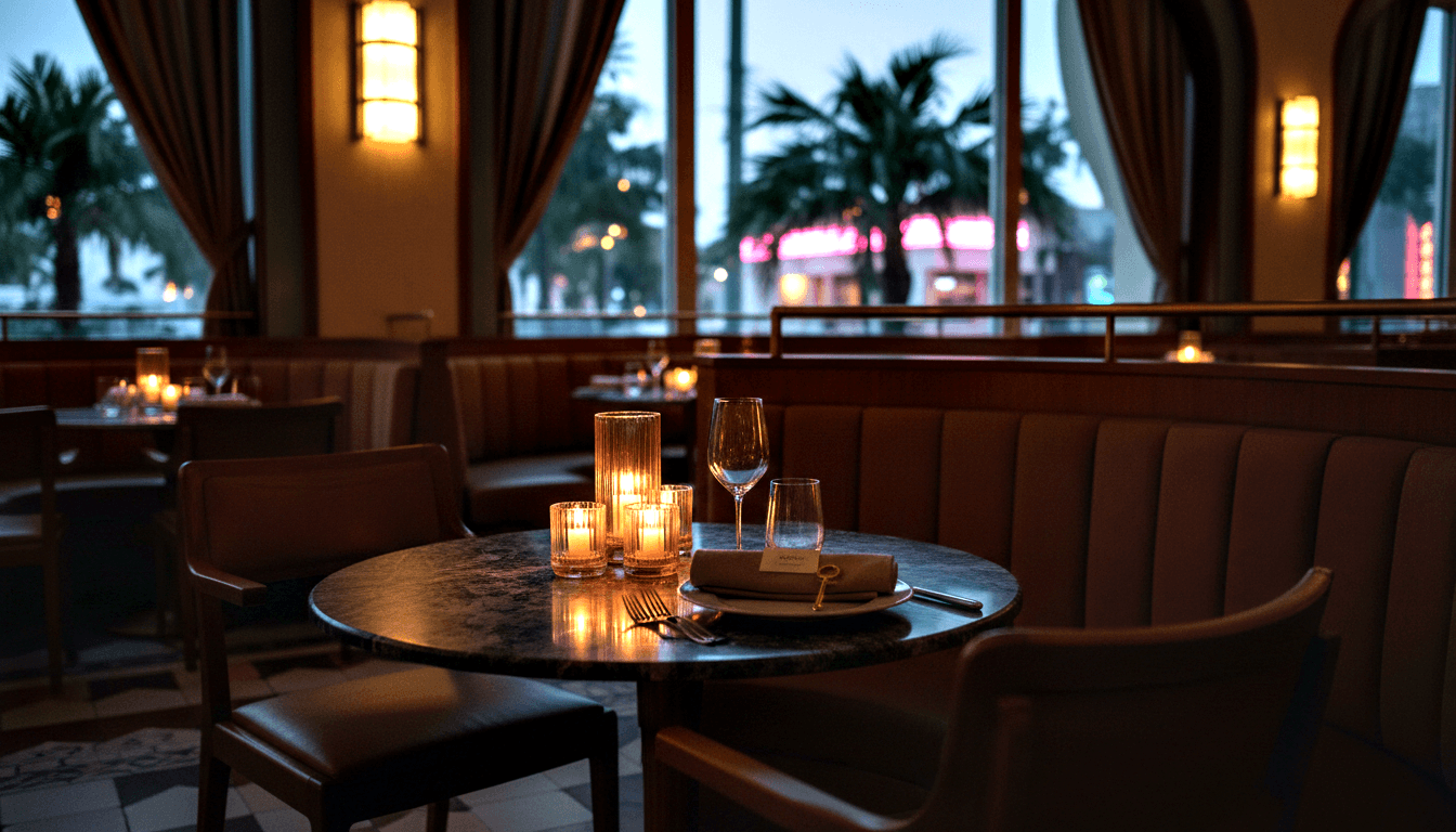 Dark marble-topped table with ribbed glass votive candles, two wine glasses, folded napkin, and plate in a candlelit leather booth.