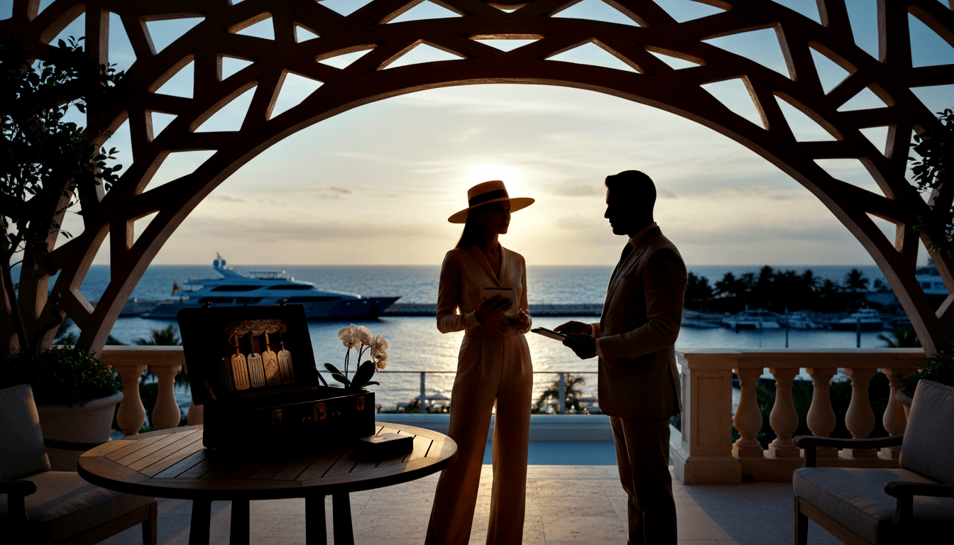 Two backlit silhouettes face under geometric arch on waterfront terrace; superyacht behind, golden sunset light.