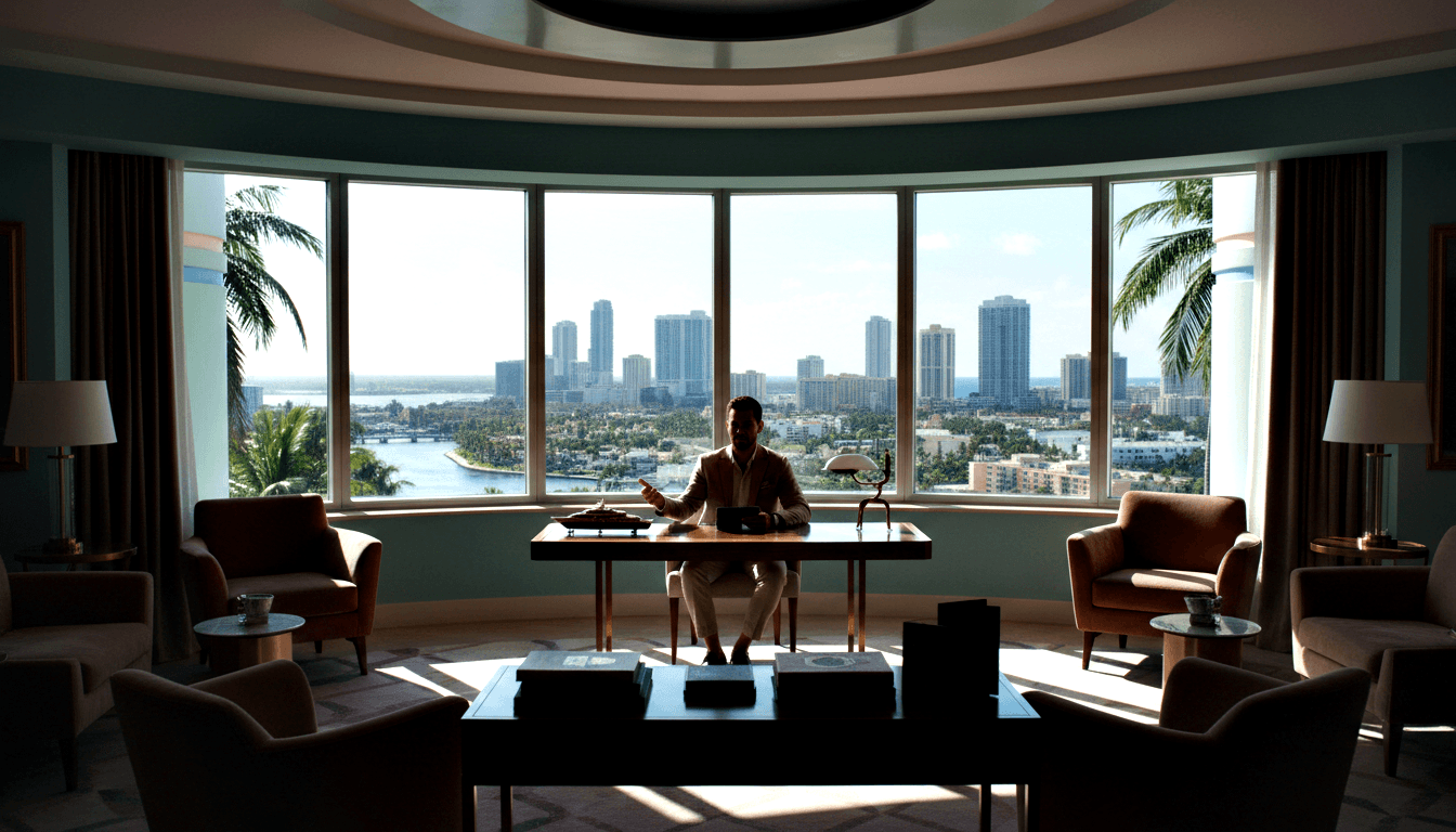 Person in light suit sits at large executive desk in curved room with teal-blue walls, floor-to-ceiling windows, and coastal skyline beyond.