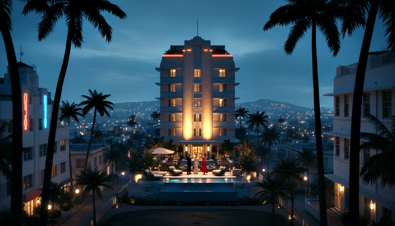 Art Deco tower uplit in amber/gold at twilight; two figures in red gown and dark suit face each other on a poolside terrace.