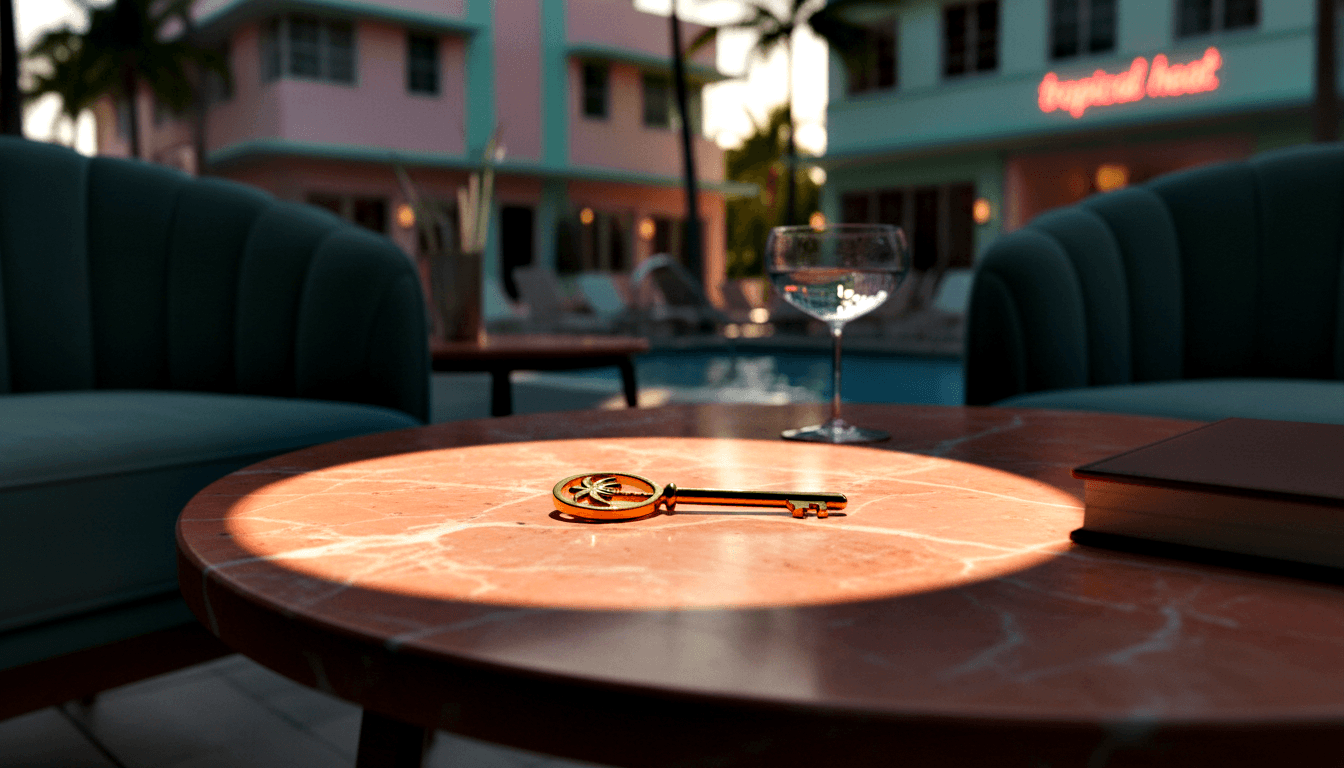 Gold ornamental key with palm tree bow on amber marble table, beside empty glass and dark book, with blurred poolside Art Deco scene behind.