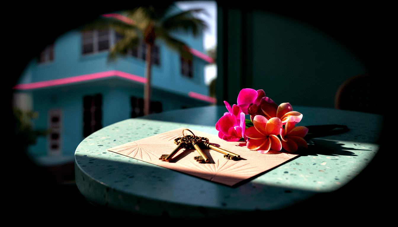 Ornate brass skeleton keys on a ring atop a pink embossed sunburst card, surrounded by tropical flowers on a mint-green terrazzo table.