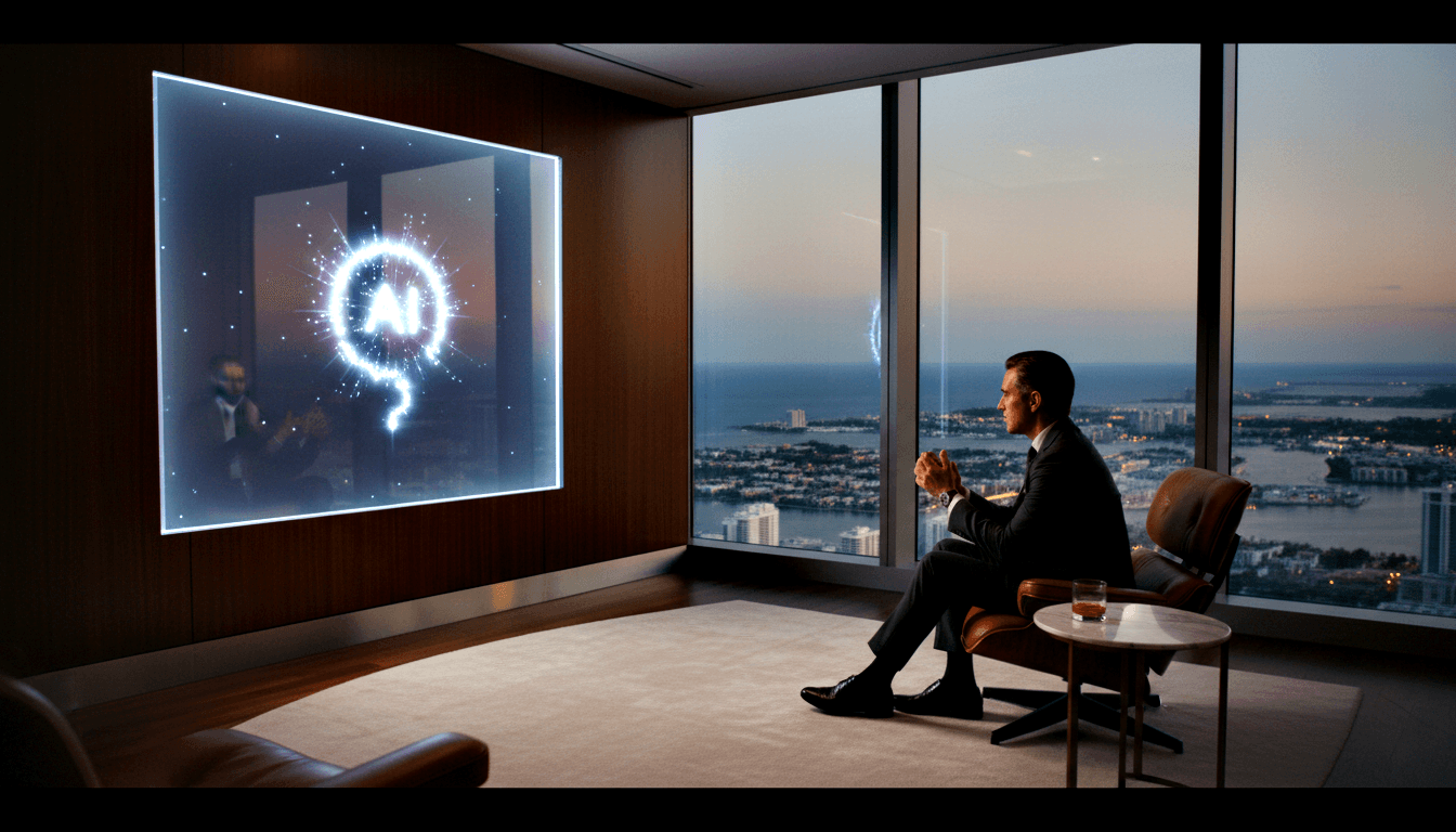 Suited man in leather chair in dim wood-paneled high-rise office; coastal dusk skyline visible, glowing AI wall display nearby.