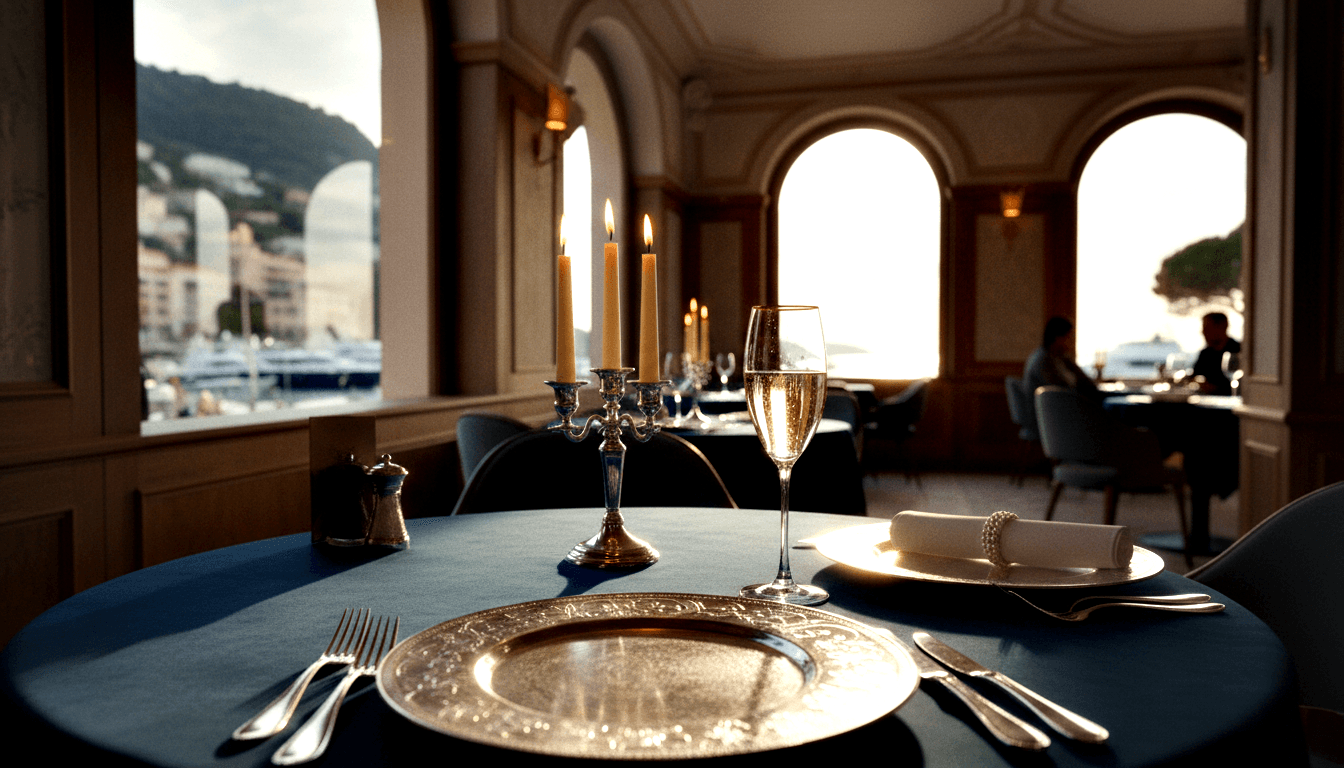 Formal place setting with gold charger, silver candelabra, champagne flute on navy cloth; marina and yachts through arched windows.