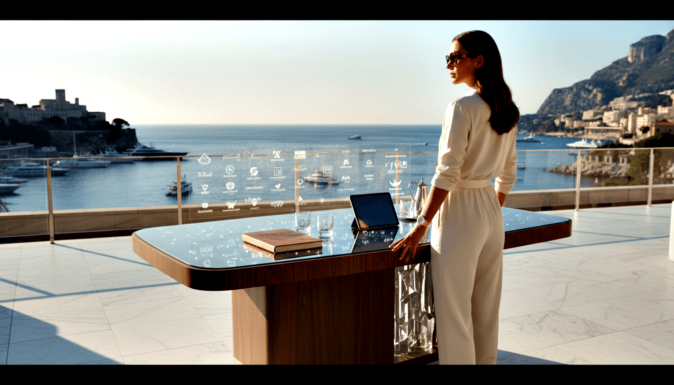 Woman in cream jumpsuit and sunglasses stands at a marble terrace bar table with a holographic interface, tablet, journal, and glassware.