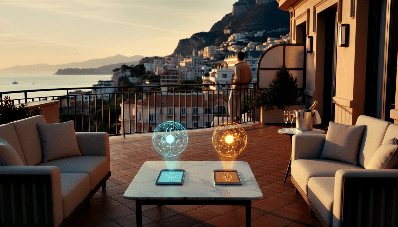 Marble coffee table with tablets projecting holographic cyan and amber spheres; sofas, champagne, coastal cityscape at golden hour.