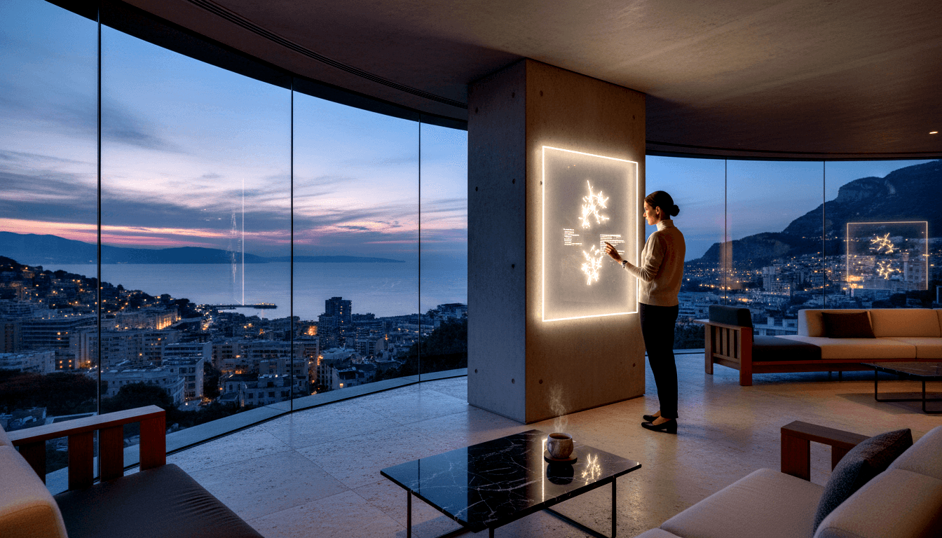 Woman in beige turtleneck reaches toward illuminated wall panel with white branching pattern; coastal city at dusk visible through curved glass.