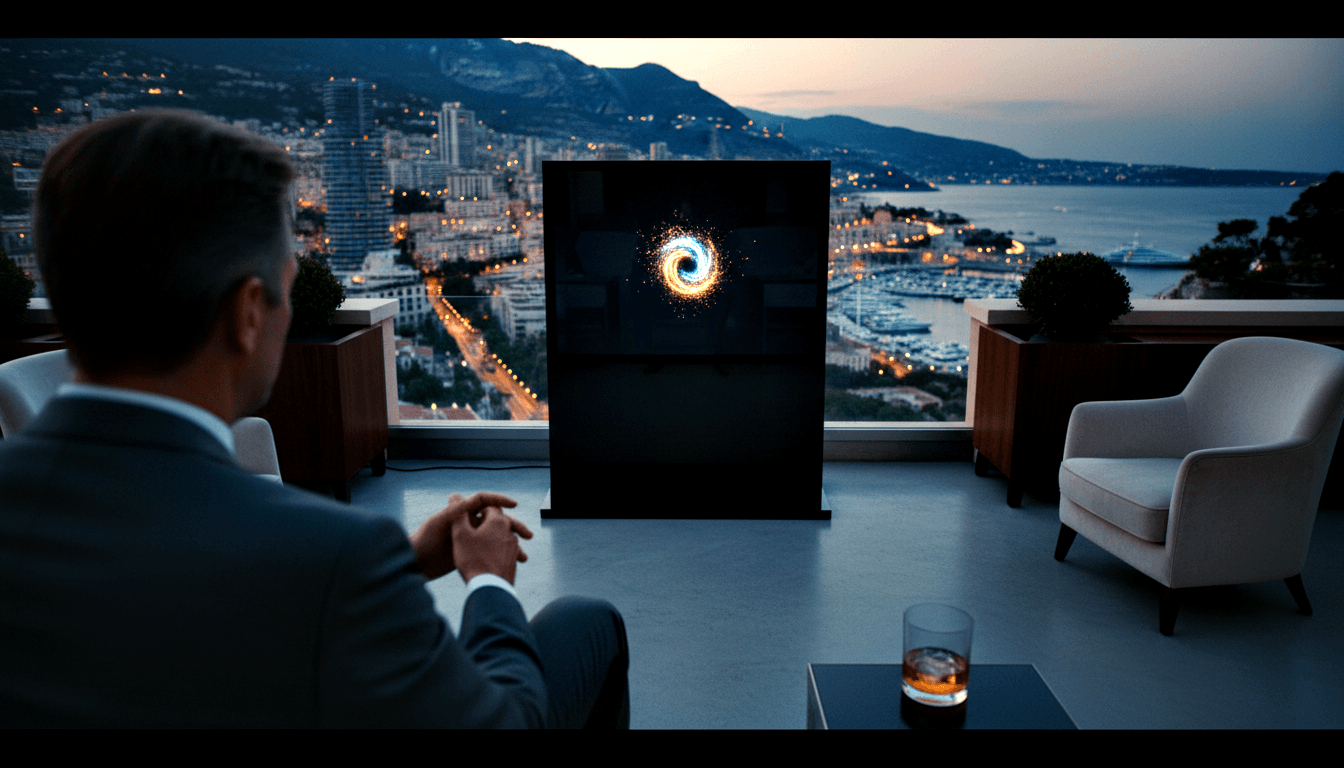 Man in dark suit sits in armchair facing screen with blue-orange spiral vortex; coastal cityscape at dusk through floor-to-ceiling glass.