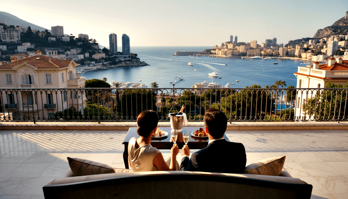 Woman in cream dress and man in dark suit clink champagne flutes at terrace table overlooking coastal city bay with yachts.
