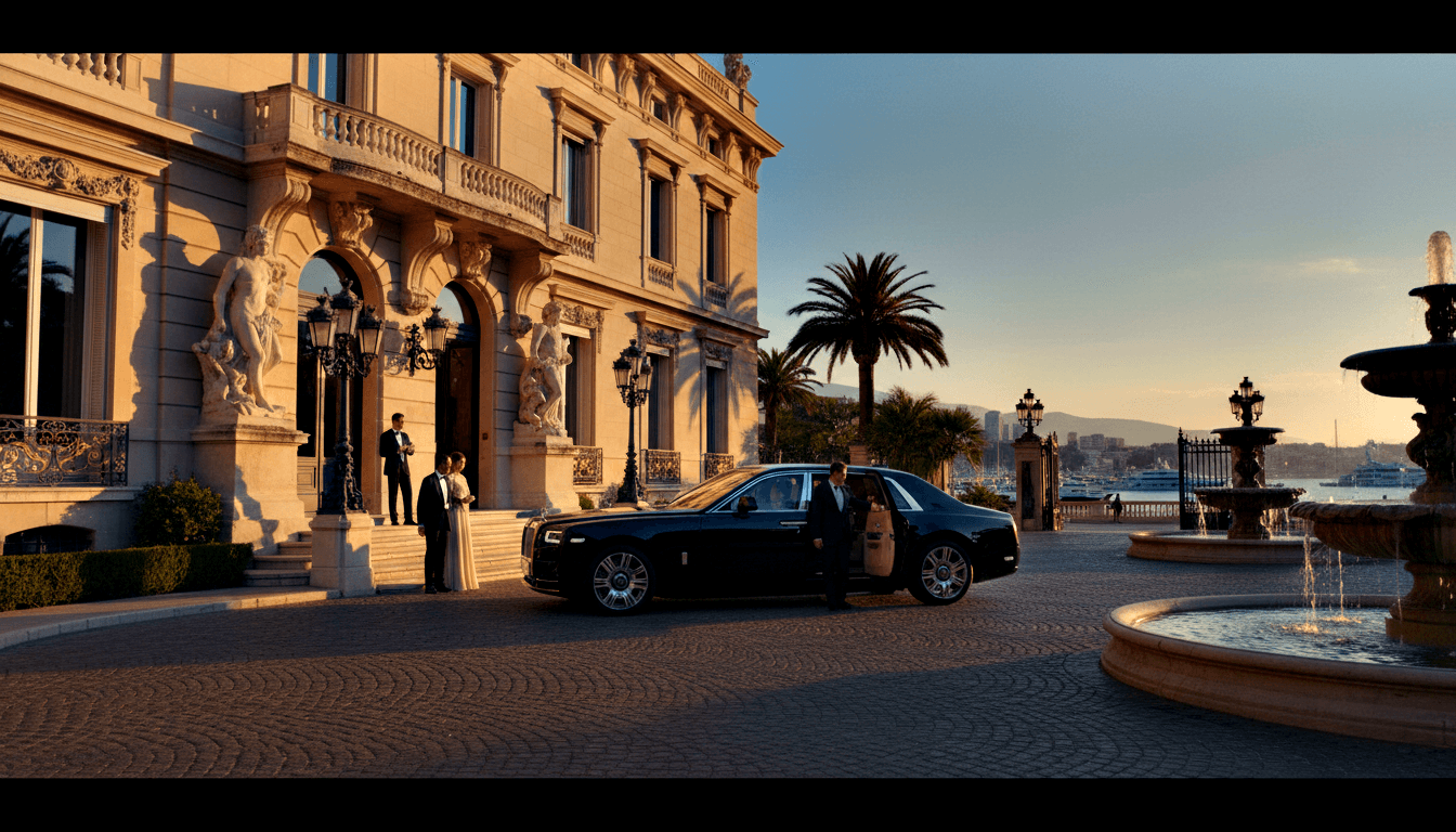 Black luxury sedan on cobblestone forecourt of neoclassical building, suited figure holding door for tuxedoed man and formally gowned person.