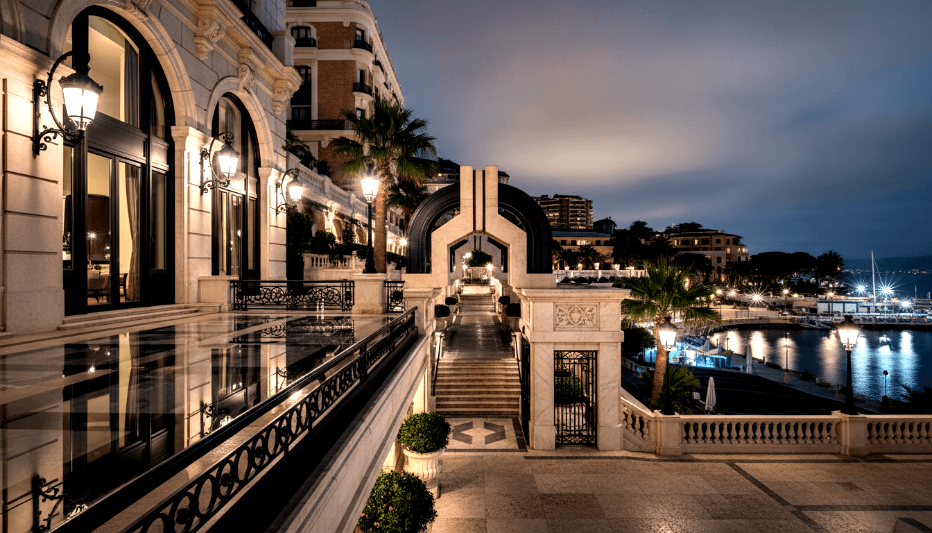 Cream Beaux-Arts facade with ornate railings, marble balustrades, stone urns, amber uplighting; marina and hillside lights at right.