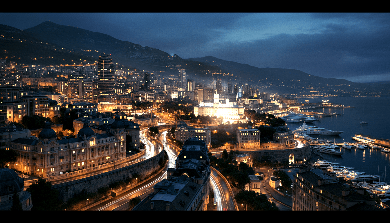 Aerial night panorama of coastal hillside city with light trails on winding roads, floodlit waterfront palace, and yacht marina.