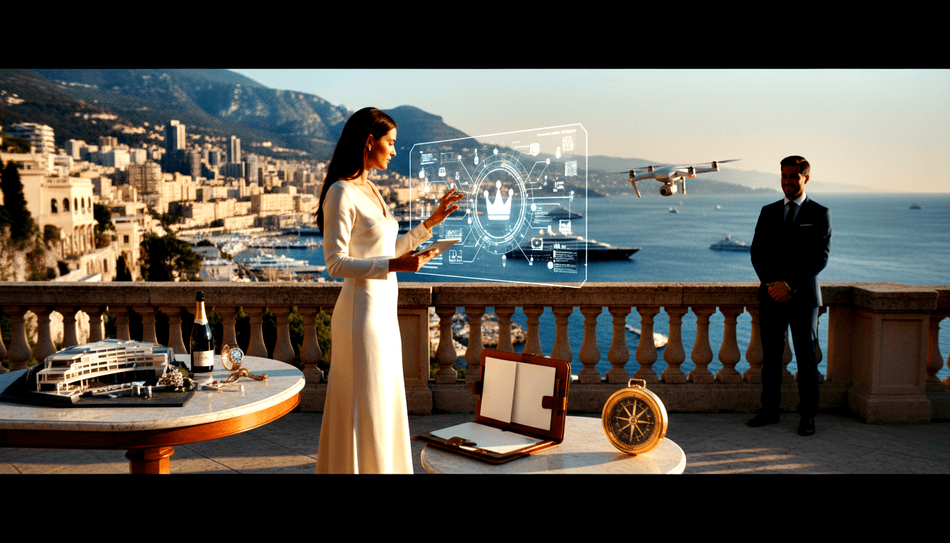 Dark-haired woman in white dress holds tablet and gestures at a holographic panel with crown icon on a stone classical terrace.