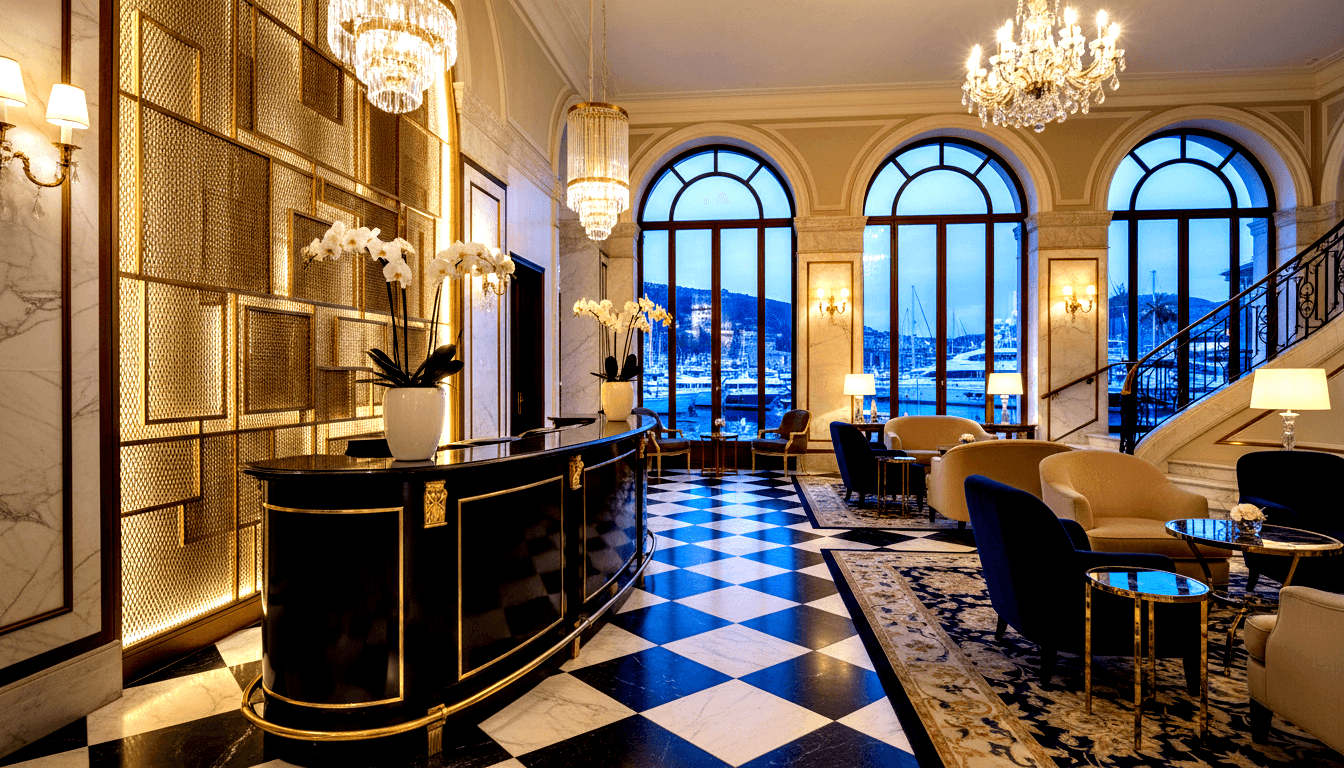 Hotel lobby: black-and-gold desk, checkered marble floor, crystal chandeliers, arched windows overlooking yacht marina at dusk.