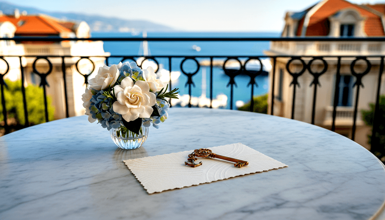 Marble balcony table with gardenias, hydrangeas, brass skeleton key, and embossed card; terracotta rooftops and blue bay beyond.