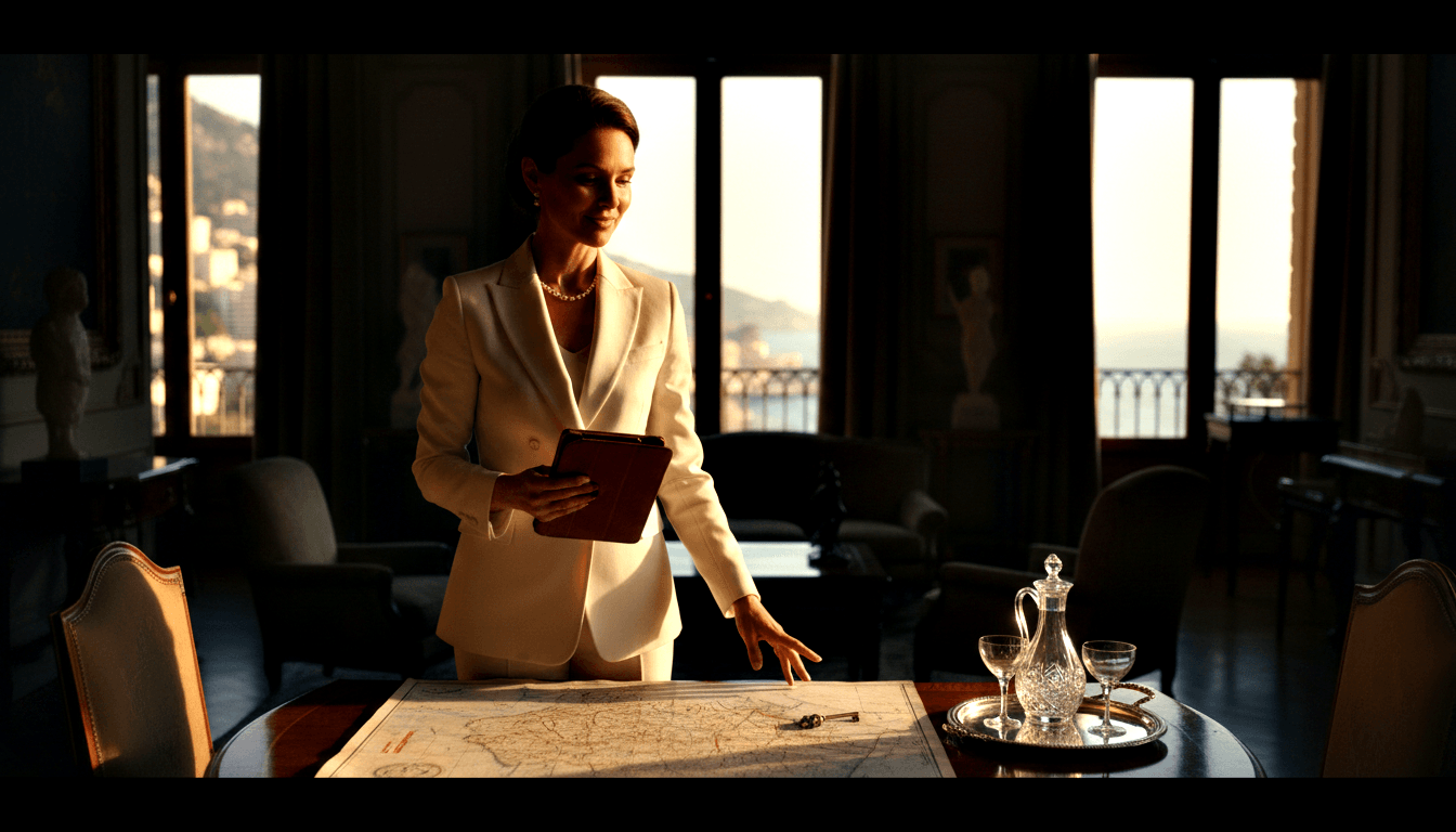 Woman in cream blazer leans over paper map holding tablet; key, crystal decanter on table; coastal golden-hour windows behind.