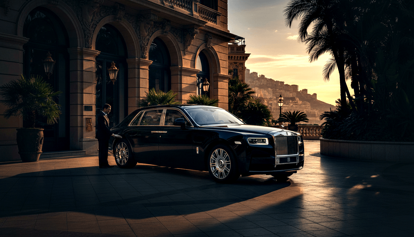 Dark navy luxury sedan with chrome grille and hood ornament parked at a grand stone porte-cochère, attended by a man in a dark formal suit.
