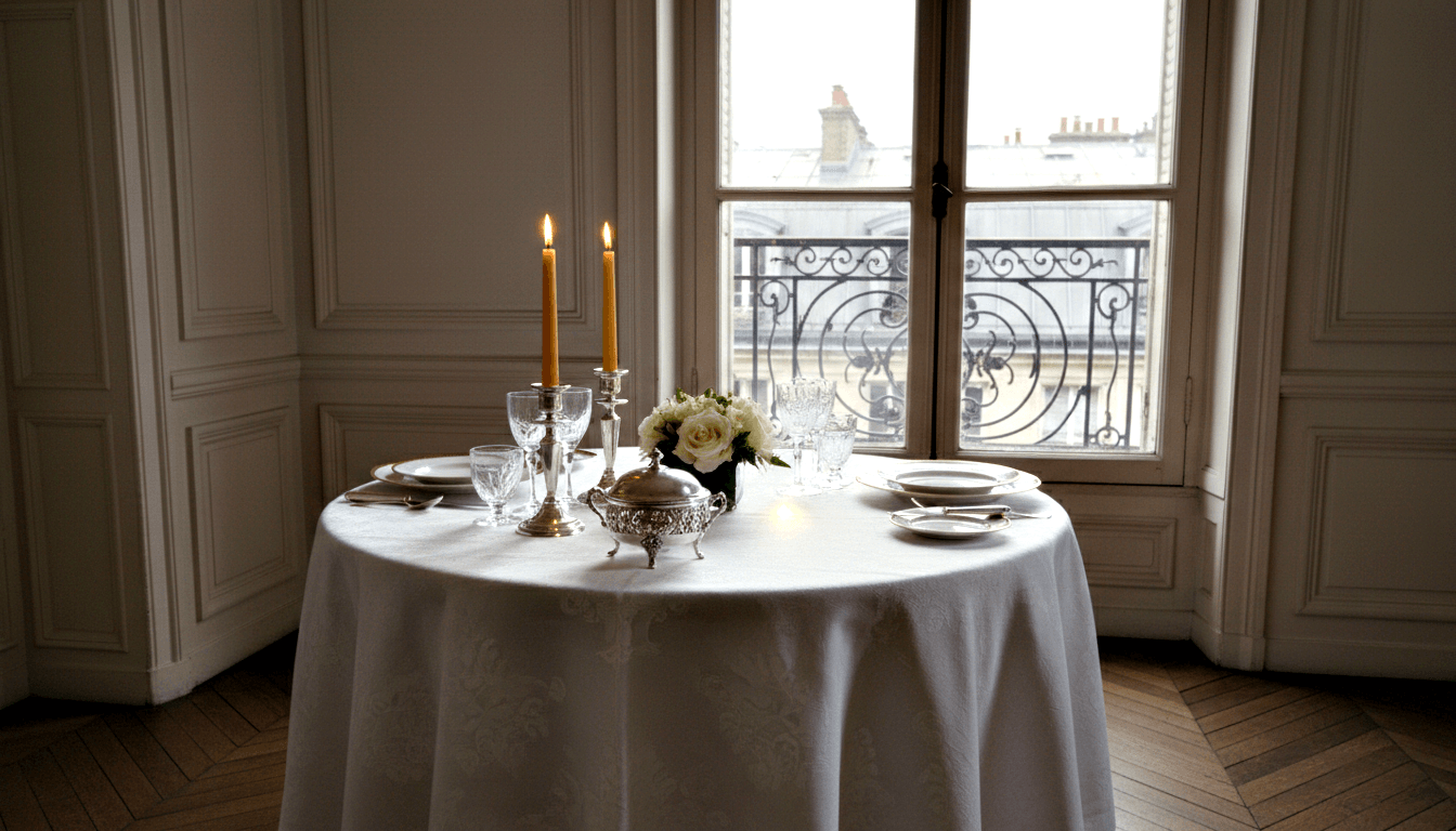 Round dining table with white damask cloth, lit silver candelabra, crystal glassware, and white rose centerpiece before tall French windows.