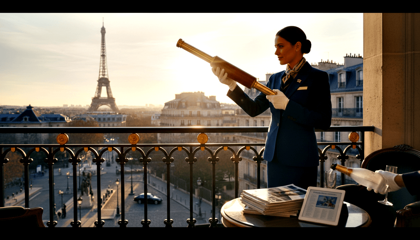 Woman in navy uniform and patterned cravat holds large brass-and-mahogany telescope on grand balcony with wrought-iron railings.