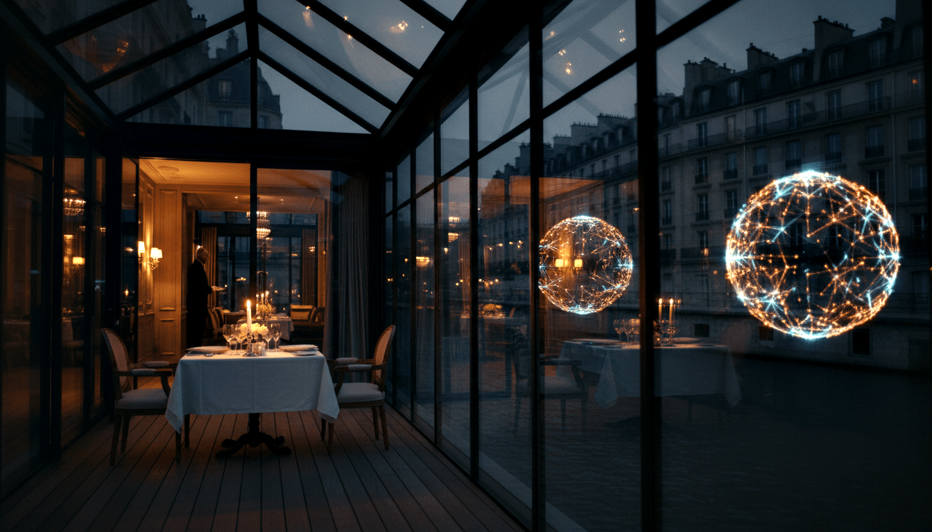 Glass-enclosed rooftop dining terrace at dusk, white-clothed table for two with candles and floral centerpiece, lone formal figure.