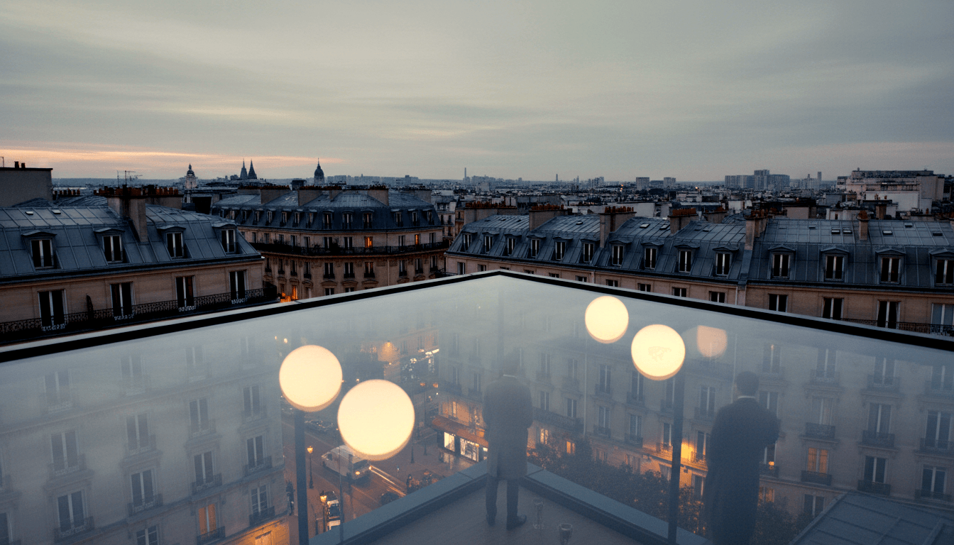 Twilight rooftop view over mansard rooftops and Gothic spires; glass skylight reflects pendant lights and storefronts below.